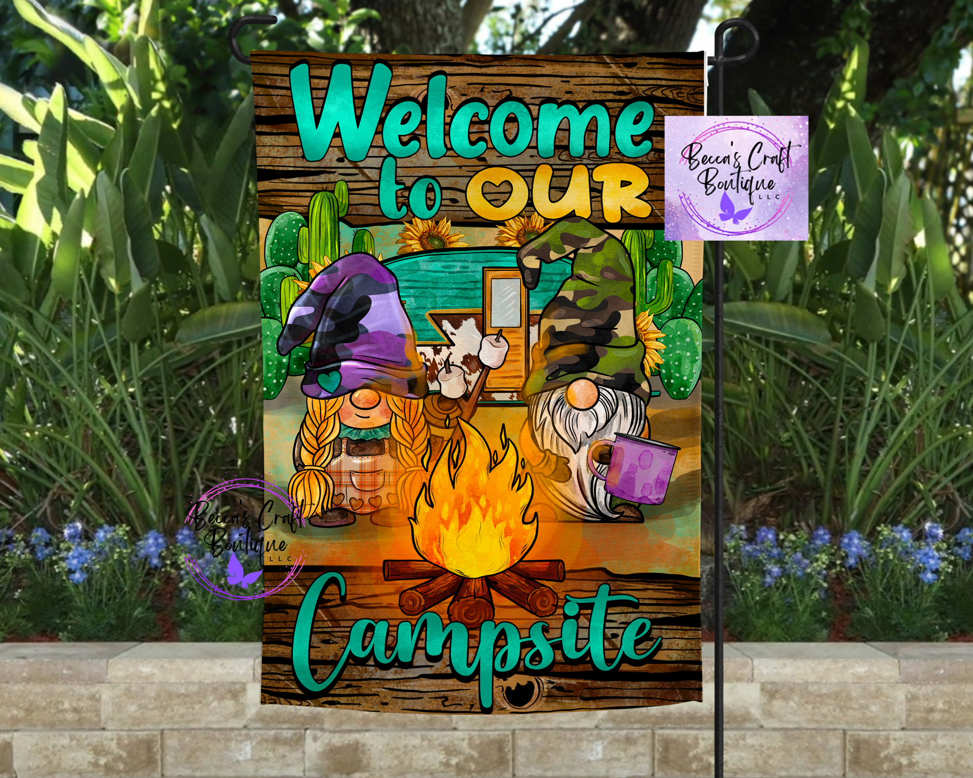 Gnome campsite garden flag