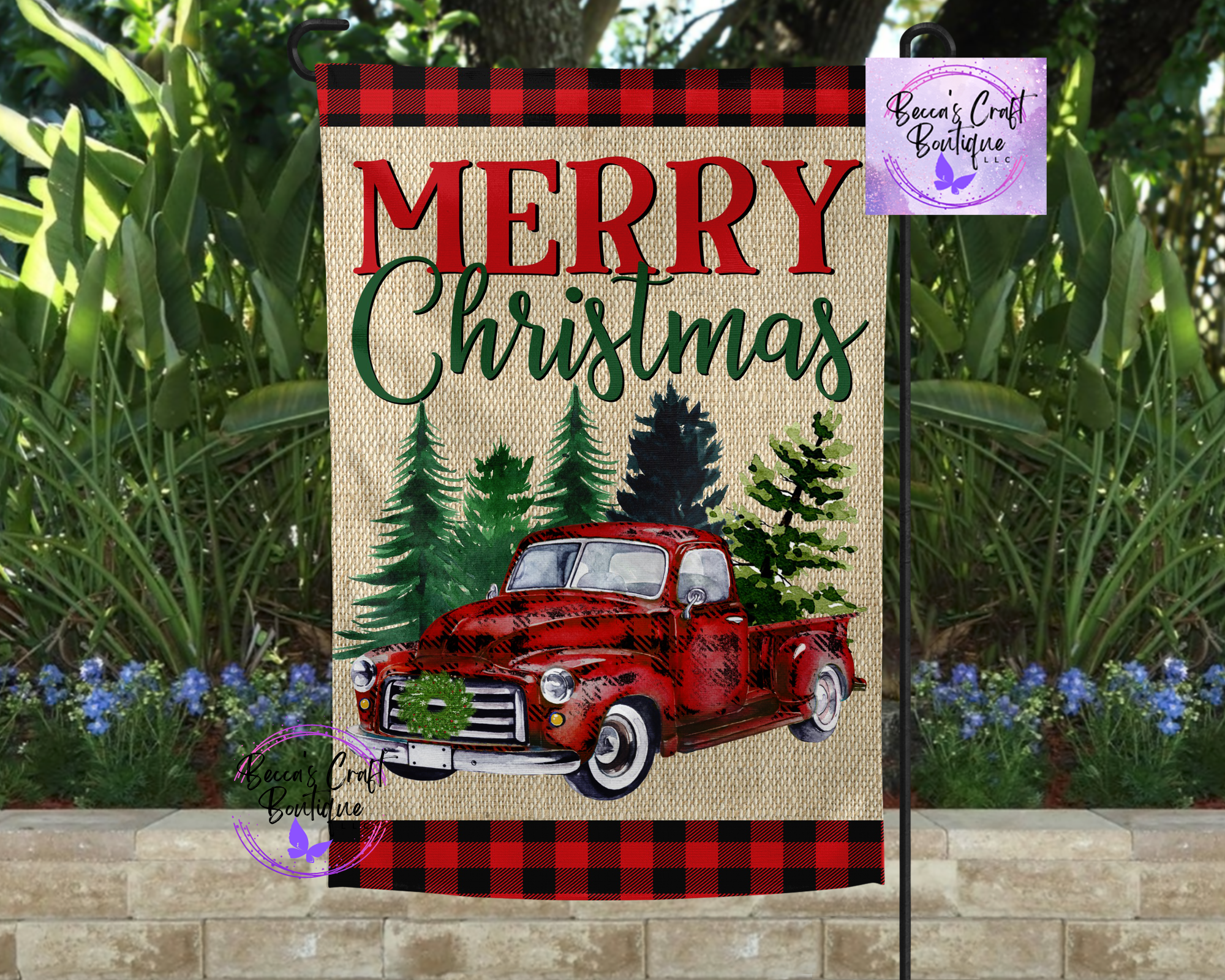 Merry christmas red truck garden flag